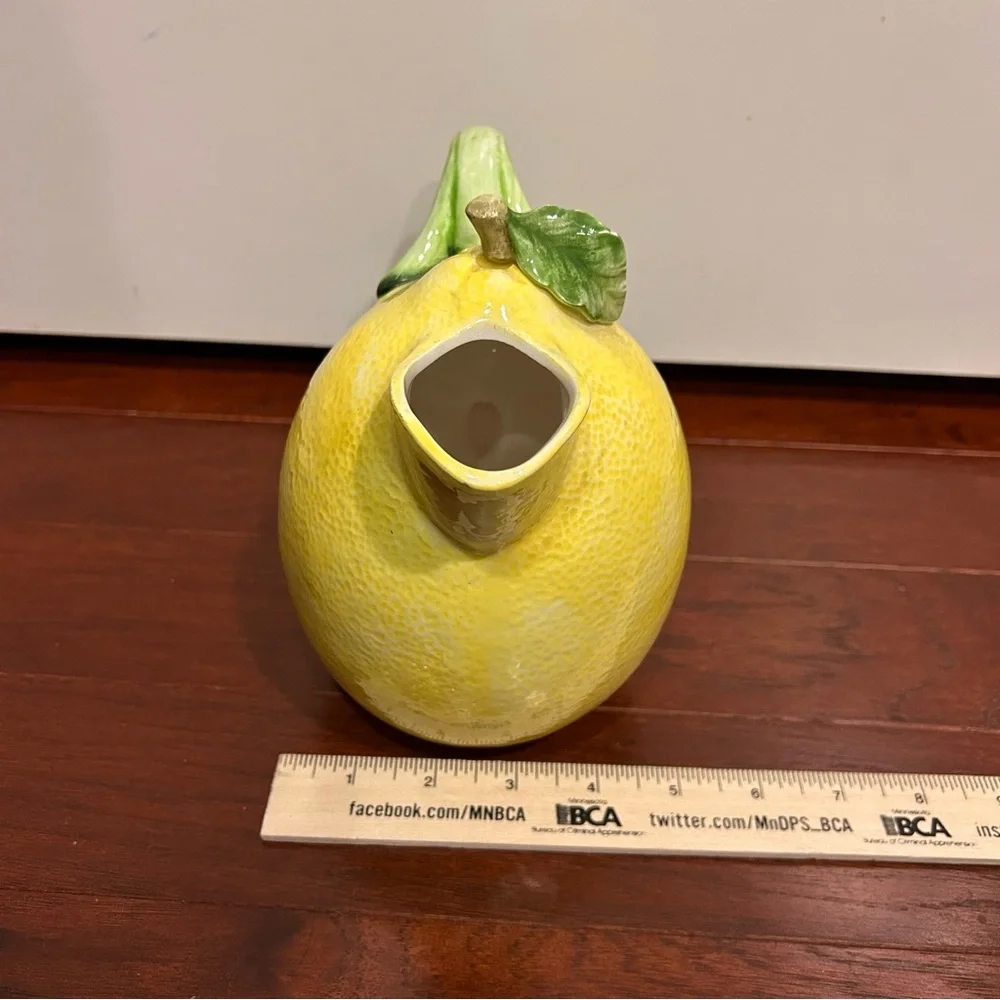 Vintage Ceramic Lemon Pitcher Green Leaf Handle Crafted in Japan hand painted